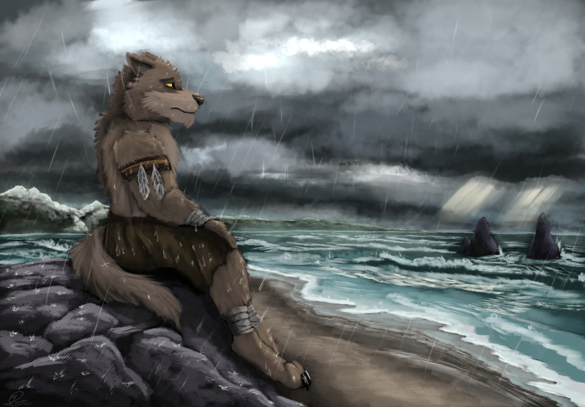 absurd_res anthro armband beach brown_body brown_fur canid canine canis cloud darkness dire_wolf emil_landvik feathers fur hi_res kilt landscape leg_wraps male mammal moody_lighting mountain plant raining rock sad sand sea seaside secrets_of_uncrom shore sitting snow solo storm sun_rays tree uncrom valtalska valtalska_dercas water water_droplets wave wraps wrist_wraps yellow_eyes yenocwolf