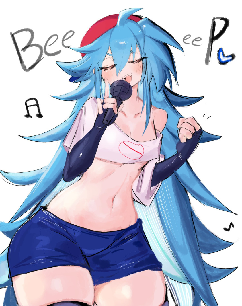 1girl blue_hair blue_shorts blue_thighhighs blush boyfriend_(friday_night_funkin') closed_eyes crop_top cropped_shirt elbow_gloves fingerless_gloves friday_night_funkin' genderswap genderswap_(mtf) gloves heart highres holding holding_microphone long_hair microphone music musical_note navel open_mouth shirt short_shorts shorts simple_background singing sketch smile solo standing thighhighs usa37107692 white_background white_shirt