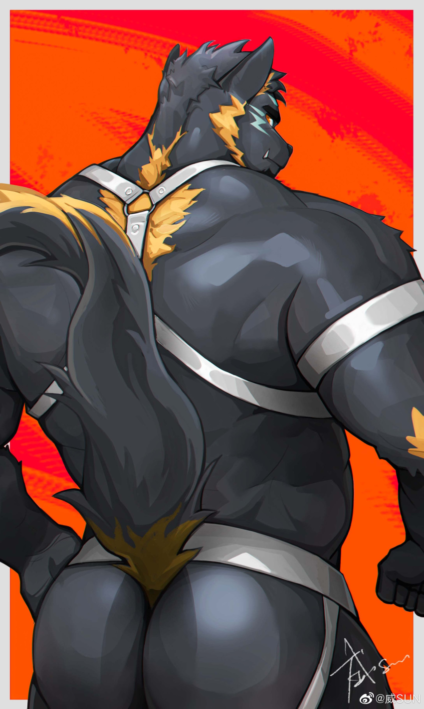 1boy absurdres animal_ears ass ass_cutout ass_focus bara clothing_cutout dog_ears dog_tail facial_hair from_behind goatee grey_fur grey_hair highres huge_ass looking_at_viewer looking_back male_focus multicolored_hair muscular muscular_male o-ring o-ring_top orange_hair revealing_clothes short_hair solo streaked_hair strongman_waist tail tail_raised thick_eyebrows tusks weisun_(leoooliooon)