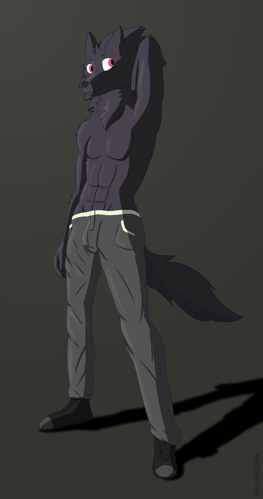 abs absurd_res anthro bottomwear bulge canid canine canis clothed clothing footwear hand_behind_head hand_behind_neck hi_res i_think_i_like_you leon_(i_think_i_like_you) male mammal pants pose raised_arm shoes solo topless topless_anthro topless_male weaselclaw wolf