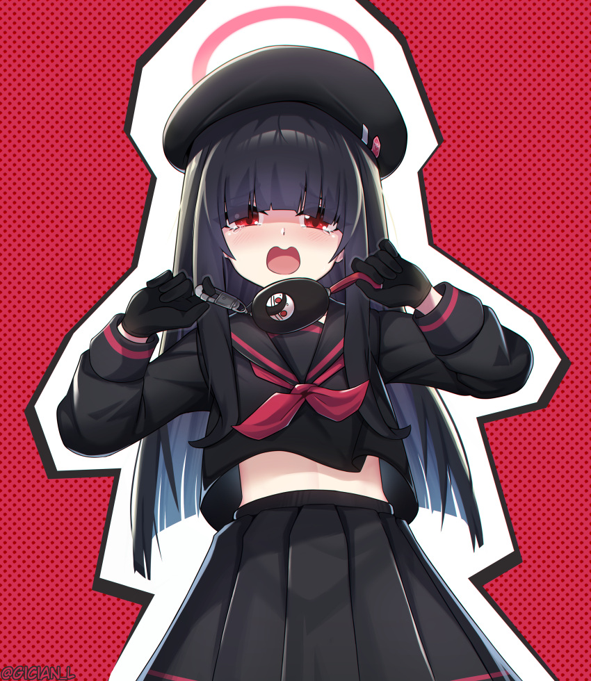 1girl absurdres beret black_gloves black_hair black_serafuku black_skirt blue_archive crime_prevention_buzzer gician_l gloves halo hasumi_(blue_archive) hat highres justice_task_force_member_(blue_archive) long_hair long_sleeves midriff_peek neckerchief pleated_skirt pulling red_background red_eyes red_halo red_neckerchief school_uniform serafuku shukusei!!_loli-gami_requiem skirt solo tearing_up