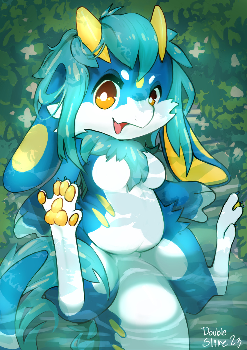 absurd_res anthro blue_body blue_fur blue_hair breasts brown_eyes chubby_female claws countershading digital_media_(artwork) double_slime feet female fur fur_tuft furred_kobold hair hi_res horn kobold lemon_(double_slime) looking_at_viewer mane markings nude open_mouth pawpads paws raised_paw reptile scalie semi-anthro smile solo tail tuft white_body white_fur yellow_markings yellow_pawpads