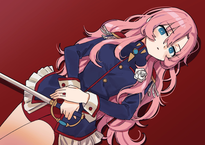 1girl bike_shorts blue_eyes blue_jacket breasts epaulettes flower hair_between_eyes highres holding holding_sword holding_weapon jacket jewelry long_hair long_sleeves looking_at_viewer lying on_back pink_hair rapier red_background red_shorts ring rose shorts shoujo_kakumei_utena small_breasts solo sword sword_of_dios tenjou_utena weapon white_flower white_rose zinbei