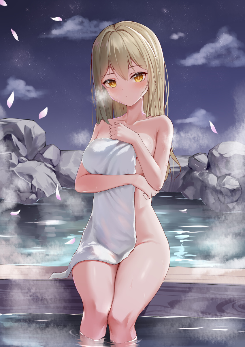 1girl absurdres aki_rinco anchundddd blonde_hair blush breasts closed_mouth collarbone completely_nude covering_privates highres long_hair looking_at_viewer medium_breasts night night_sky nude nude_cover onsen orange_eyes outdoors petals project-sp rock sitting sky soaking_feet solo star_(sky) starry_sky steam towel water