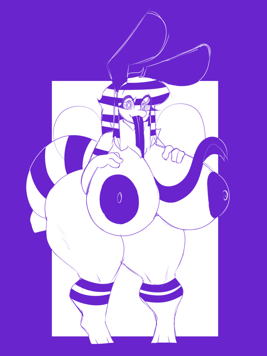 antennae_(anatomy) anthro areola arthropod arthropod_abdomen bee bent_over bie_(beefuccer) big_breasts big_butt black_sclera breasts butt clothing female fur hair hi_res huge_breasts huge_butt huge_thighs hymenopteran hyper hyper_breasts insect long_tongue neck_tuft nipples nude simple_background smile solo standing striped_hair thick_thighs tongue tongue_between_breasts tongue_out topwear tuft wide_hips wings zantanerz_(artist)