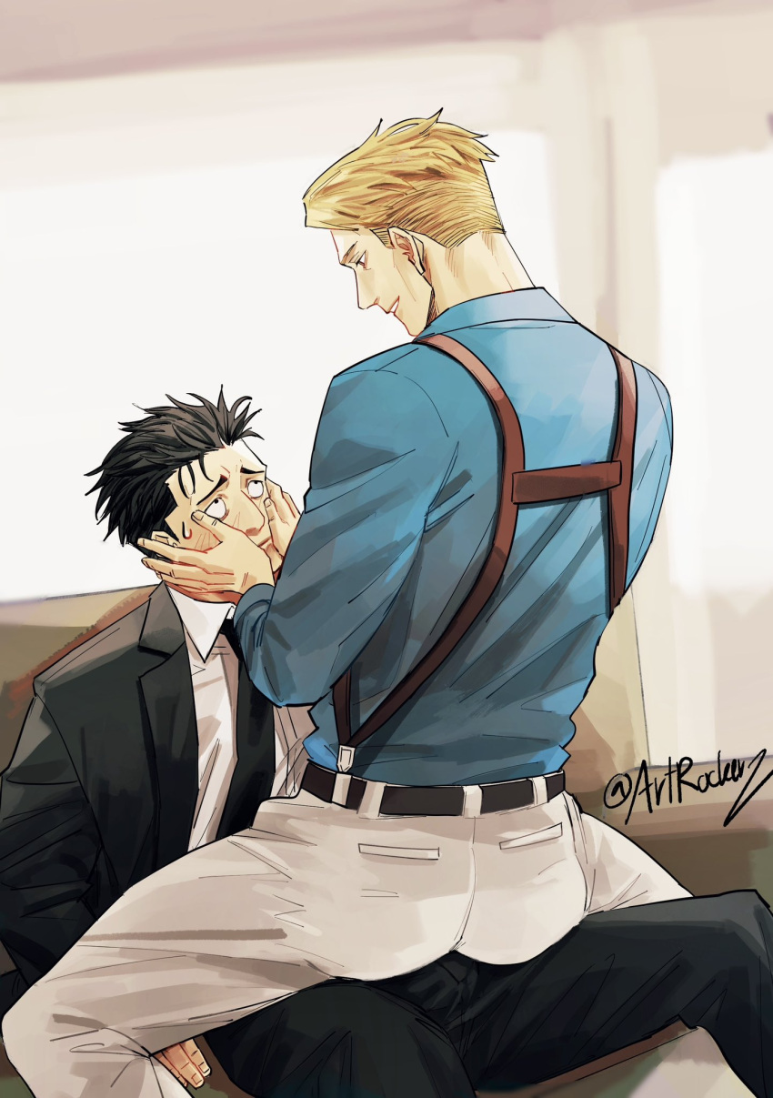 2boys artrockerz ass blonde_hair bulge bulge_to_ass caressing_cheek collared_shirt couch couple dry_humping eye_contact from_behind furrowed_brow hand_on_another's_cheek hand_on_another's_face highres higuruma_hiromi humping indoors jujutsu_kaisen long_sleeves looking_at_another male_focus mature_male multiple_boys nanami_kento necktie on_couch pants power_bottom sanpaku seductive_smile shirt short_hair sitting sitting_on_lap sitting_on_person smile suit sweatdrop tareme yaoi