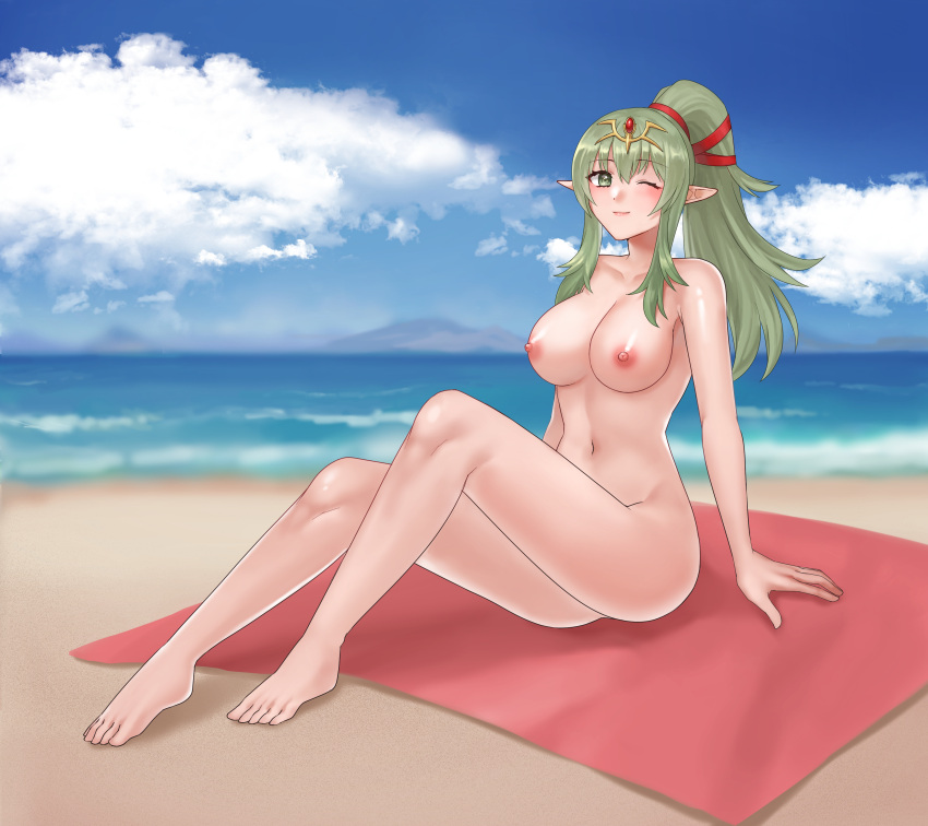 1girl ;) absurdres barefoot beach blush breasts cloud commentary_request commission completely_nude fire_emblem fire_emblem_awakening full_body green_eyes green_hair hair_ornament hazuki_(nyorosuke) highres knees_up large_breasts legs long_hair looking_at_viewer navel nipples nude one_eye_closed pointy_ears ponytail sitting skeb_commission smile solo tiara tiki_(adult)_(fire_emblem) tiki_(fire_emblem) toes towel