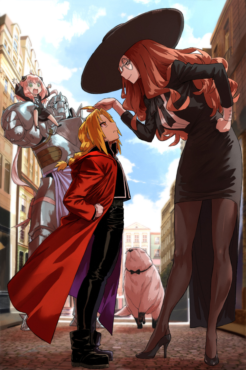 ahoge alphonse_elric animal anya_(spy_x_family) armor black_dress blonde_hair blue_sky bond_(spy_x_family) braid braided_ponytail brown_hair brown_pantyhose child cloud coat crossover day dog dress edward_elric female_child full_body fullmetal_alchemist glasses haraya_manawari hat height_difference helmet high_heels highres long_hair looking_at_another looking_down looking_up outdoors pantyhose pink_hair plume red_coat sitting_on_shoulder sky spy_x_family sun_hat sylvia_sherwood tall_female