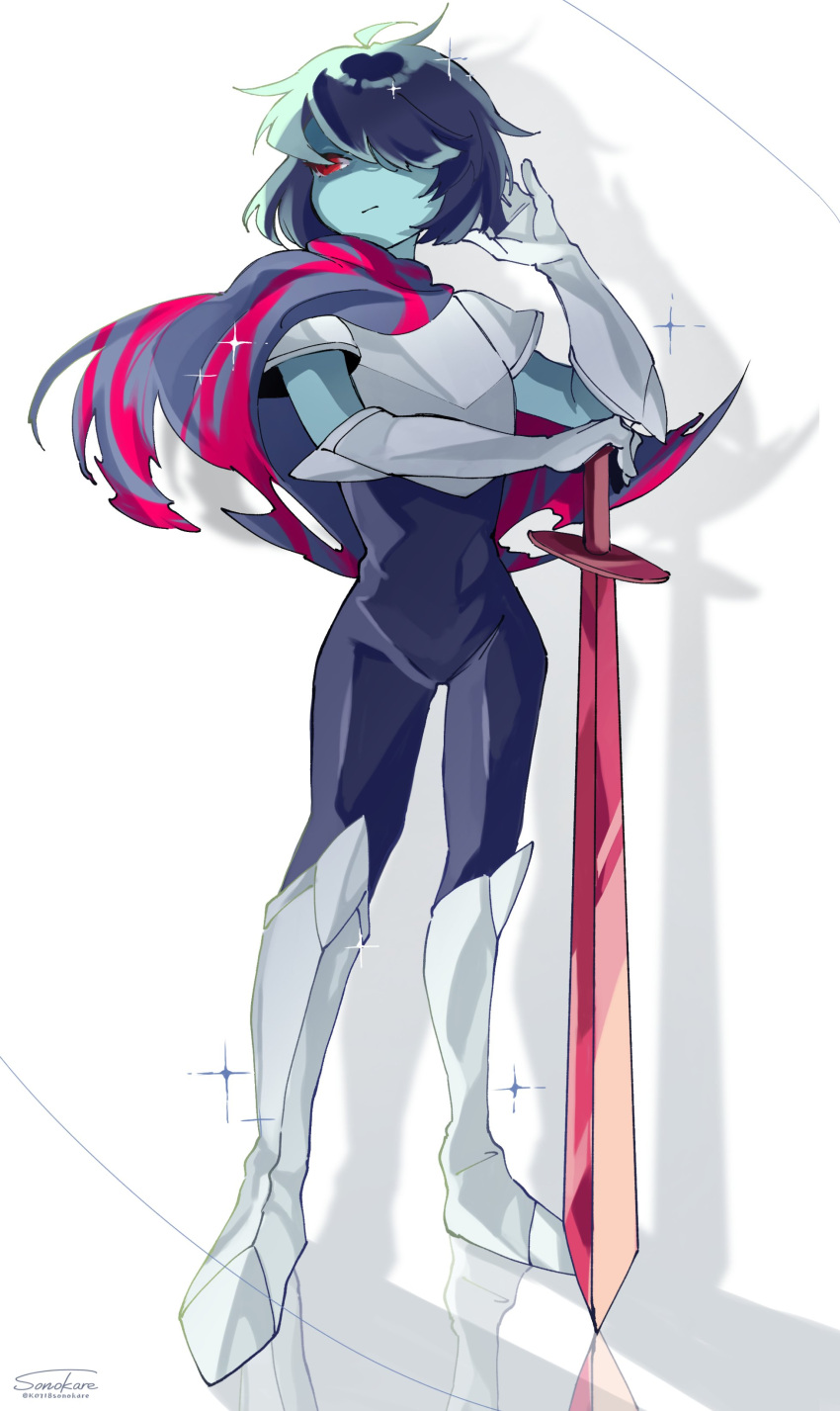 1other absurdres androgynous armor artist_name black_hair blue_bodysuit blue_cape blue_skin bodysuit bodysuit_under_clothes breastplate cape colored_skin commentary deltarune drop_shadow expressionless full_body gauntlets greaves hair_over_one_eye hand_on_hilt hand_up highres kris_(deltarune) looking_to_the_side no_nose one_eye_covered other_focus pauldrons red_eyes short_hair shoulder_armor simple_background solo sonokare sparkle standing sword torn_cape torn_clothes twitter_username weapon white_background