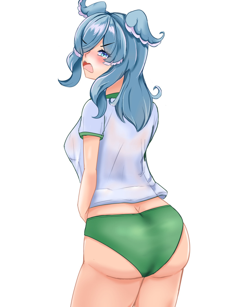 1girl absurdres ass blue_hair blue_wings blush breasts buruma butt_crack cobalnite elira_pendora embarrassed fangs from_behind green_buruma gym_shirt gym_uniform hair_ornament hair_over_one_eye head_wings highres looking_at_viewer looking_back medium_breasts medium_hair multicolored_hair nijisanji nijisanji_en one_eye_covered open_mouth see-through see-through_shirt shirt short_sleeves simple_background solo standing virtual_youtuber wet wet_clothes wet_shirt white_background white_hair white_shirt wings