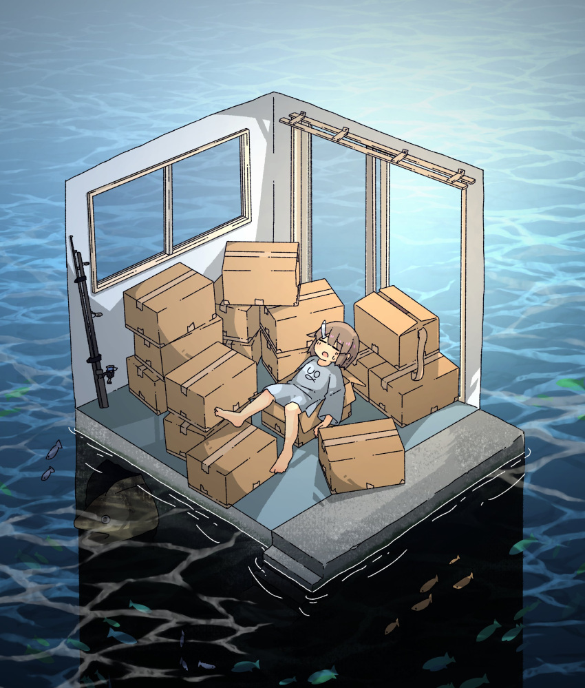 1girl absurdres animal barefoot blue_shirt blush box brown_hair cardboard_box caustics closed_eyes commentary day fish fish_hair_ornament fishing_rod from_above glass_door hair_ornament highres in_box in_container isometric kani_aji kani_aji-chan long_sleeves moray_eel ocean open_door open_mouth original outdoors oversized_animal oversized_clothes oversized_shirt print_shirt reclining ripples school_of_fish shirt short_hair solo surreal sweatdrop too_many wide_shot window