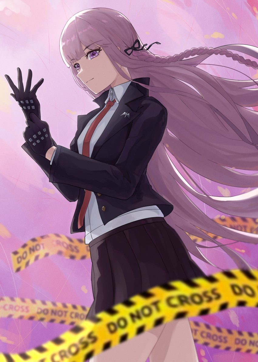 1girl absurdres adjusting_clothes adjusting_gloves akirahong_1130 black_gloves black_jacket black_ribbon black_skirt braid closed_mouth collared_shirt cowboy_shot danganronpa:_trigger_happy_havoc danganronpa_(series) from_side gloves hair_ribbon highres jacket kirigiri_kyoko long_hair miniskirt necktie no_trespassing open_clothes open_jacket pink_eyes pink_hair pleated_skirt red_necktie ribbon shirt side_braid skirt smile solo white_shirt