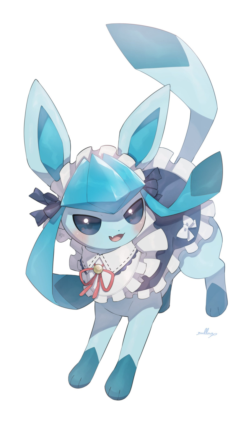 3_toes absurd_res ambiguous_gender bell bell_collar blue_body blue_ears blue_eyes blue_nose blue_paws blue_tail blush bow_(feature) bow_accessory bow_ribbon clothed clothed_feral clothing collar digital_media_(artwork) digital_painting_(artwork) dress eeveelution feet feral generation_4_pokemon glaceon glistening glistening_eyes hi_res holowear_(pokemon) looking_at_viewer multicolored_ears nintendo nullma open_mouth open_smile pink_tongue pokemon pokemon_(species) pokemon_unite quadruped ribbons shadow signature simple_background smile solo tail tea_party_style_glaceon toes tongue two_tone_ears white_background