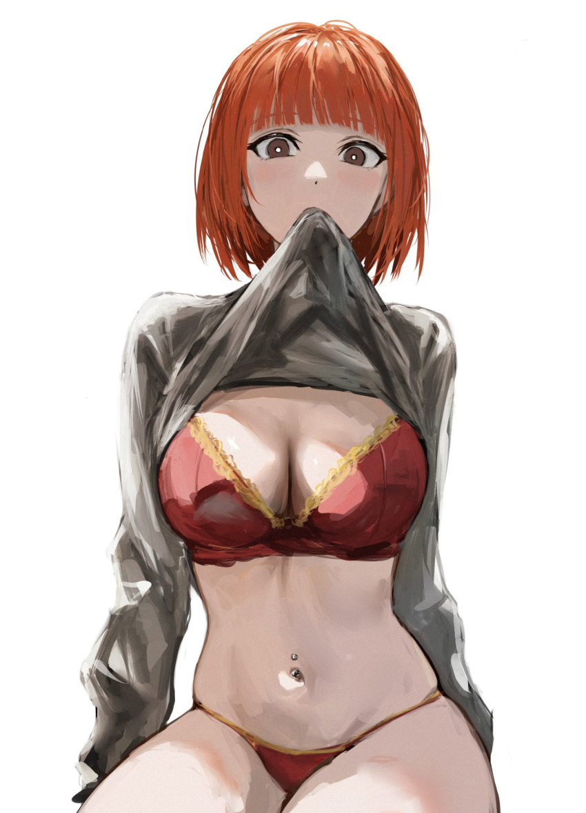 1girl blunt_bangs bra breasts bright_pupils brown_eyes cleavage clothes_lift commentary grey_sweater highres large_breasts lifted_by_self light_blush long_sleeves looking_at_viewer mcdonald's mother_(yoru_mac) mouth_hold navel navel_piercing orange_hair panties piercing raberu_ruru red_bra red_panties short_hair simple_background sitting solo stomach string_panties sweater sweater_lift symbol-only_commentary underwear white_background white_pupils yoru_mac
