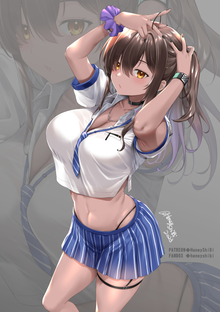 1girl black_choker blue_skirt brown_hair choker fanbox_username goddess_of_victory:_nikke highres jewelry midriff naga_(nikke) nail_polish necklace necktie patreon_username scrunchie shibi shirt skirt solo thigh_strap thighs white_shirt wrist_scrunchie wristband yellow_eyes