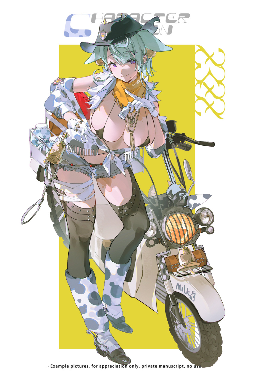 1girl absurdres animal_ears aqua_hair black_bra black_headwear bottle bra bracelet breasts closed_mouth cow_ears cow_girl cow_horns cuffs detached_sleeves full_body fur_trim gloves grey_shorts hair_between_eyes hand_on_own_hip handcuffs hat highres horns jewelry large_breasts looking_at_viewer milk_bottle mole mole_under_mouth motor_vehicle motorcycle necklace original purple_eyes scarf short_hair short_shorts shorts simple_background smile solo standing underwear white_gloves yellow_scarf z3zz4