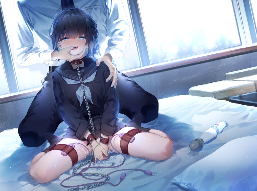 1boy 1girl bed black_hair black_sailor_collar black_serafuku black_shirt black_skirt black_socks blue_eyes blue_neckerchief blue_ribbon blush chain chain_leash clothes_lift collar commentary_request covering covering_crotch cuffs egg_vibrator finger_in_another's_mouth full_body hair_ribbon hand_on_another's_shoulder head_out_of_frame heavy_breathing hetero hitachi_magic_wand indoors kise_itsuki kneeling leash long_sleeves neckerchief nose_blush on_bed open_mouth original pillow pussy_juice pussy_juice_stain red_collar ribbon sailor_collar saliva school_uniform serafuku sex_toy shackles shirt short_hair sitting skirt skirt_lift smile socks thigh_strap v_arms vibrator vibrator_in_thigh_strap wariza window