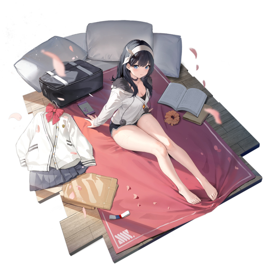 1girl arm_support azur_lane bag bare_legs barefoot black_background black_choker black_hair black_shorts blue_eyes blue_hair blush book bow bowtie breasts buttons cardigan cardigan_removed cellphone choker cleavage closed_mouth collarbone earphones feet from_above full_body fur_trim gridman_universe hair_ornament hairband highres indoors jacket jewelry kurumi_(recycllamo) legs long_hair long_legs long_sleeves looking_at_viewer miniskirt official_alternate_costume official_art on_bed open_book orange_scrunchie pendant petals phone pillow pleated_skirt red_bow red_bowtie school_bag school_uniform scrunchie shirt short_shorts shorts sitting skirt skirt_removed smartphone solo ssss.gridman takarada_rikka takarada_rikka_(bedroom_attire) thighs toes white_cardigan white_hairband white_jacket white_shirt