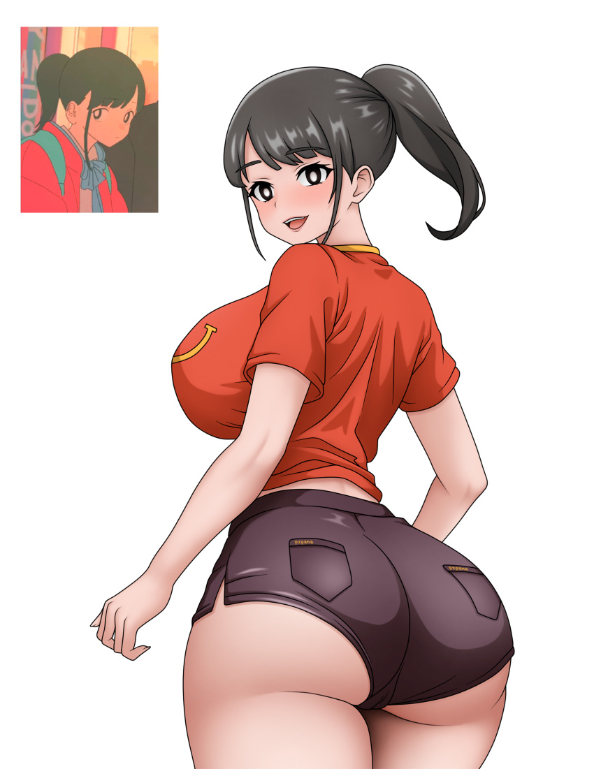1girl :d absurdres alternate_breast_size alternate_costume ass black_eyes black_hair black_shorts breasts bright_pupils clothes_pull girlfriend_(yoru_mac) highres huge_breasts long_hair looking_at_viewer looking_back mcdonald's ponytail pzpana red_shirt reference_inset shirt short_sleeves shorts shorts_pull smile solo yoru_mac