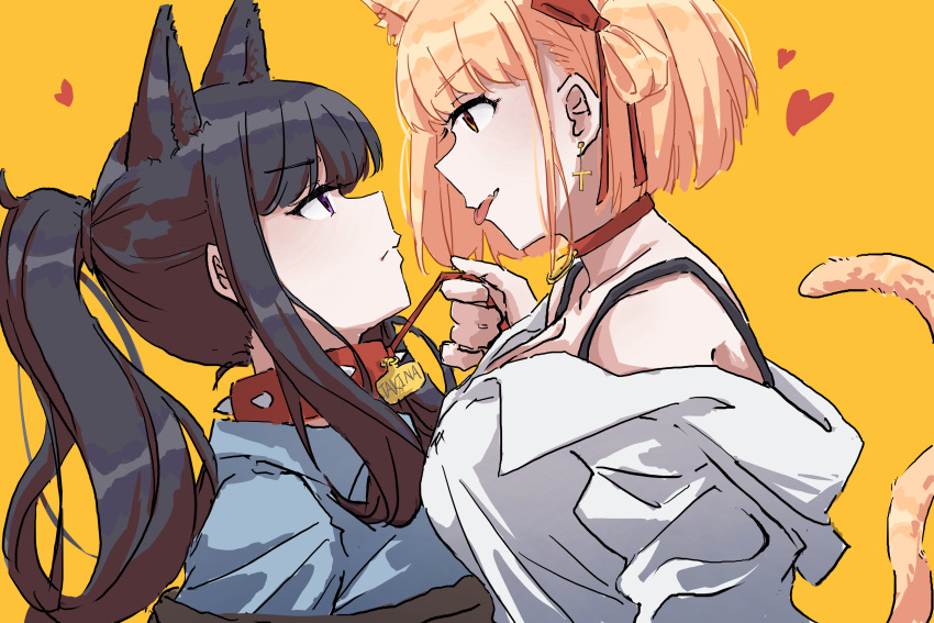 2girls absurdres animal_ears asymmetrical_docking black_hair blonde_hair blue_shirt bob_cut breast_press breasts cat_ears cat_girl cat_tail character_name choker cleavage closed_mouth collar collarbone commentary cross cross_earrings dog_ears dog_girl earrings english_commentary eye_contact fafayu fang hair_ribbon heart highres holding holding_leash inoue_takina jewelry kemonomimi_mode large_breasts leash looking_at_another lycoris_recoil multiple_girls nape nishikigi_chisato off_shoulder one_side_up ponytail purple_eyes red_choker red_eyes red_ribbon ribbon shirt short_hair sidelocks skin_fang spiked_collar spikes tail tongue tongue_out white_shirt yuri