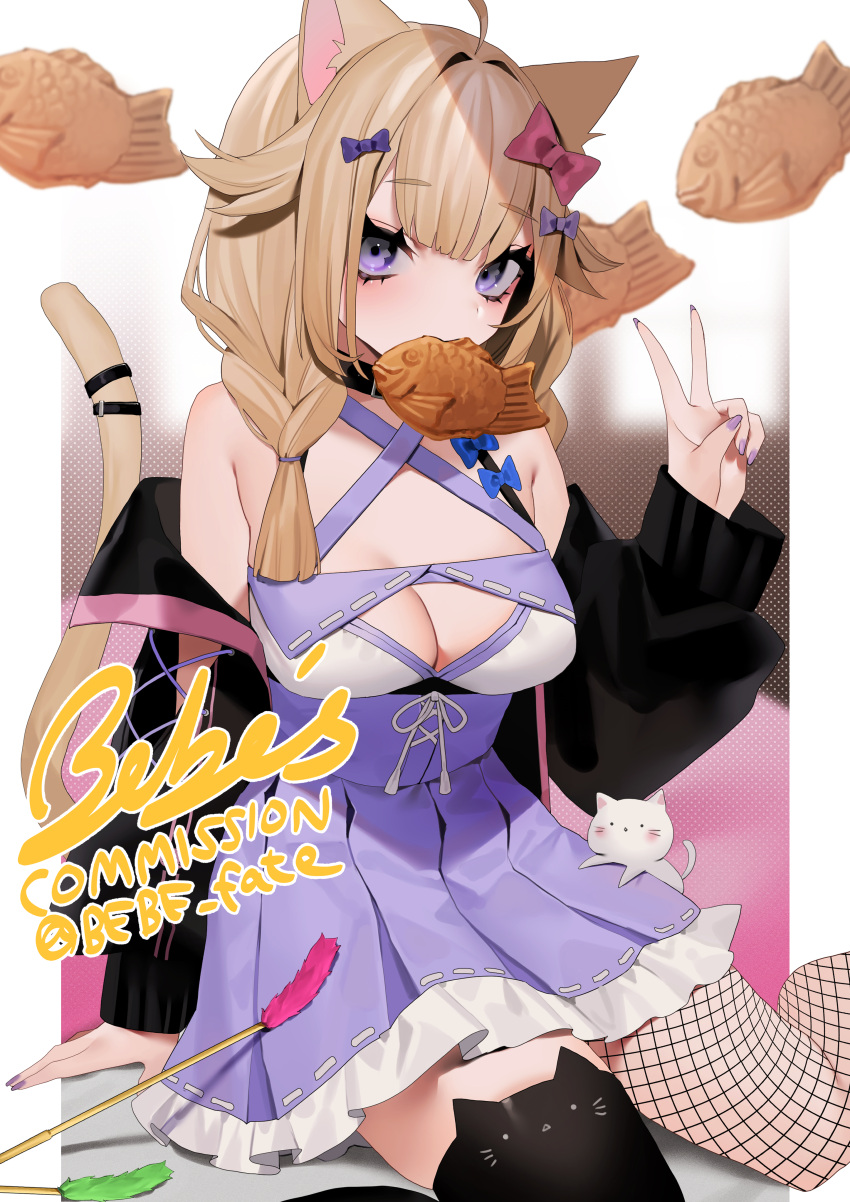 1girl absurdres ahoge animal_ear_legwear animal_ears artist_name asymmetrical_legwear bebe_(bebe_pp) belt black_belt black_jacket black_thighhighs blue_bow blurry blurry_background bow breasts cat cat_ear_legwear cat_ears cat_girl cat_tail cat_teaser cleavage commission criss-cross_halter fishnet_thighhighs fishnets food food_in_mouth hair_bow halterneck high-waist_skirt highres jacket light_brown_hair long_hair meow_meow_(vtuber) mismatched_legwear off_shoulder open_clothes open_jacket pink_bow purple_bow purple_eyes purple_skirt sitting skeb_commission skirt solo tail tail_belt taiyaki thighhighs twitter_username v wagashi