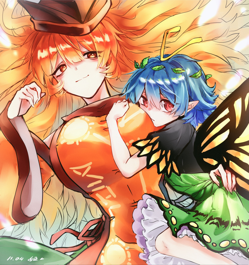 2girls absurdres antennae aqua_hair artist_name black_dress black_headwear blonde_hair breasts butterfly_wings closed_mouth constellation_print dated dress eternity_larva fairy green_dress hat heng_(heng798616) highres large_breasts leaf leaf_on_head long_hair looking_at_viewer matara_okina multicolored_clothes multicolored_dress multiple_girls orange_sleeves pointy_ears red_eyes short_hair short_sleeves signature tabard touhou wide_sleeves wings yellow_eyes yuri