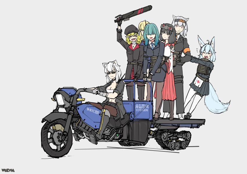 6+girls absurdres animal_ears artist_name black_jacket chainsaw cross driving fox_ears fox_girl fox_tail full_body highres holding holding_chainsaw holding_weapon jacket japanese_clothes legend_of_chaoshan_heroes multiple_girls neta original pantyhose pointy_ears riding signature smile sunglasses tail weapon white_hair yaya_(17201490)