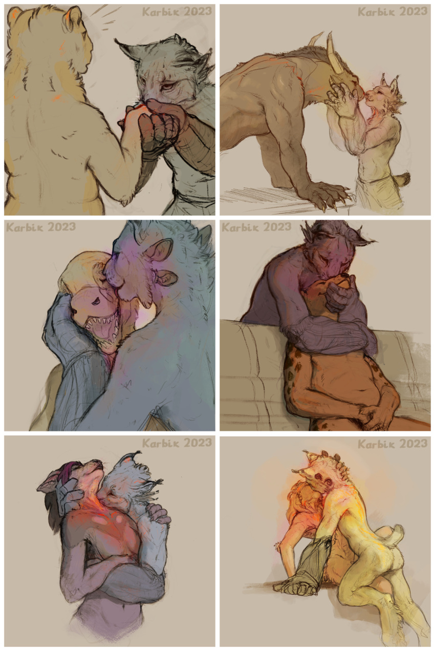 2023 ambiguous_gender canid canine capybara caviid charr dinosaur dromaeosaurid duo embrace felid feline female french_kissing guild_wars hi_res hug karbik_(artist) karbik_(fursona) kissing kissing_cheek kissing_hand kissing_neck lynx male male/ambiguous male/female male/male mammal multi multiple_images reptile rodent scalie theropod