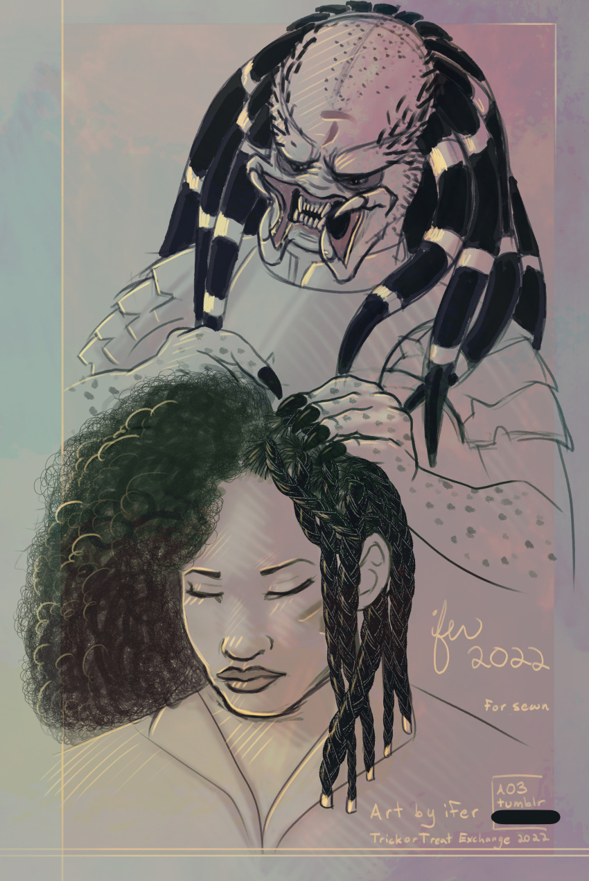 2022 absurd_res afro alexa_"lex"_woods alien alien_vs._predator_(franchise) artbyifer black_claws black_hair braided_hair braiding_hair claws digital_drawing_(artwork) digital_media_(artwork) dreadlocks duo english_text eyes_closed fangs female hair hi_res human interspecies male male/female mammal mouth_closed personal_grooming predator_(franchise) scar_(predator) sharp_claws sharp_teeth signature simple_background sitting styling_hair teeth text yautja