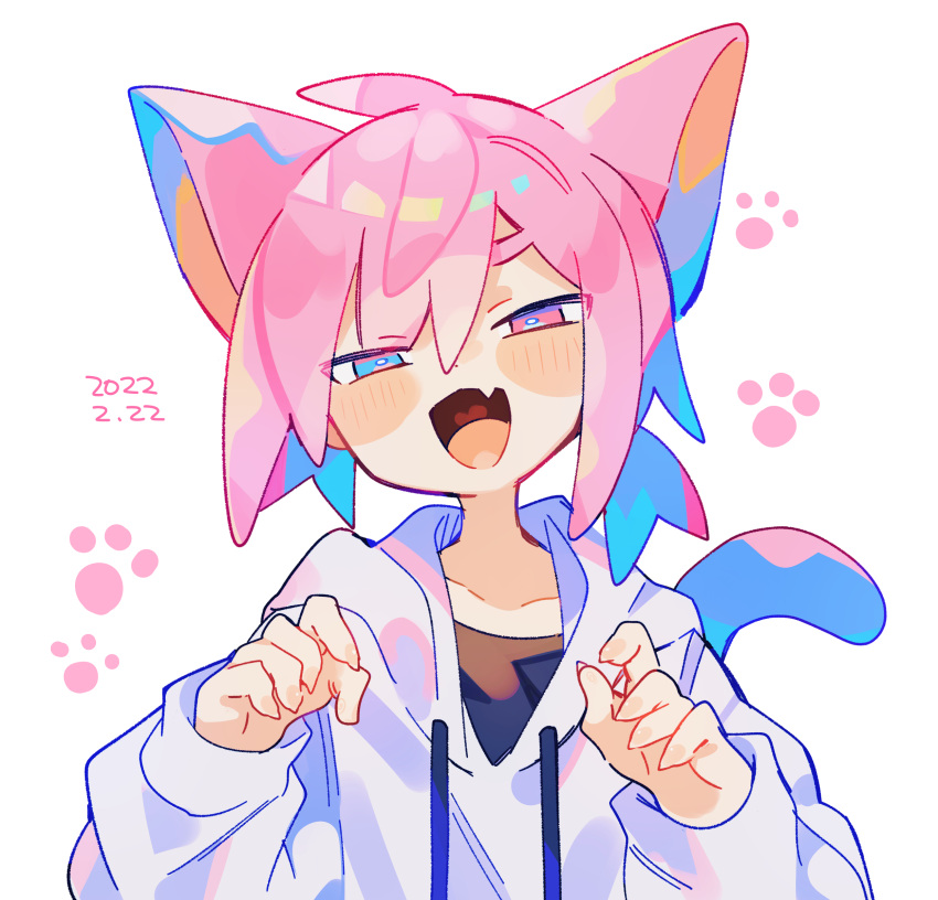 1boy :d absurdres animal_ears blue_eyes blush blush_stickers bright_pupils cat_boy cat_day cat_ears cat_tail claw_pose collarbone commentary_request cowlick dated fang fingernails hair_between_eyes half-closed_eyes heart heart_in_mouth heterochromia highres hood hood_down hoodie kemonomimi_mode long_sleeves looking_at_viewer male_focus open_mouth original paw_print pink_eyes pink_hair raito-kun_(uenomigi) sharp_fingernails short_hair simple_background skin_fang smile solo straight-on tail uenomigi upper_body white_background white_hoodie white_pupils