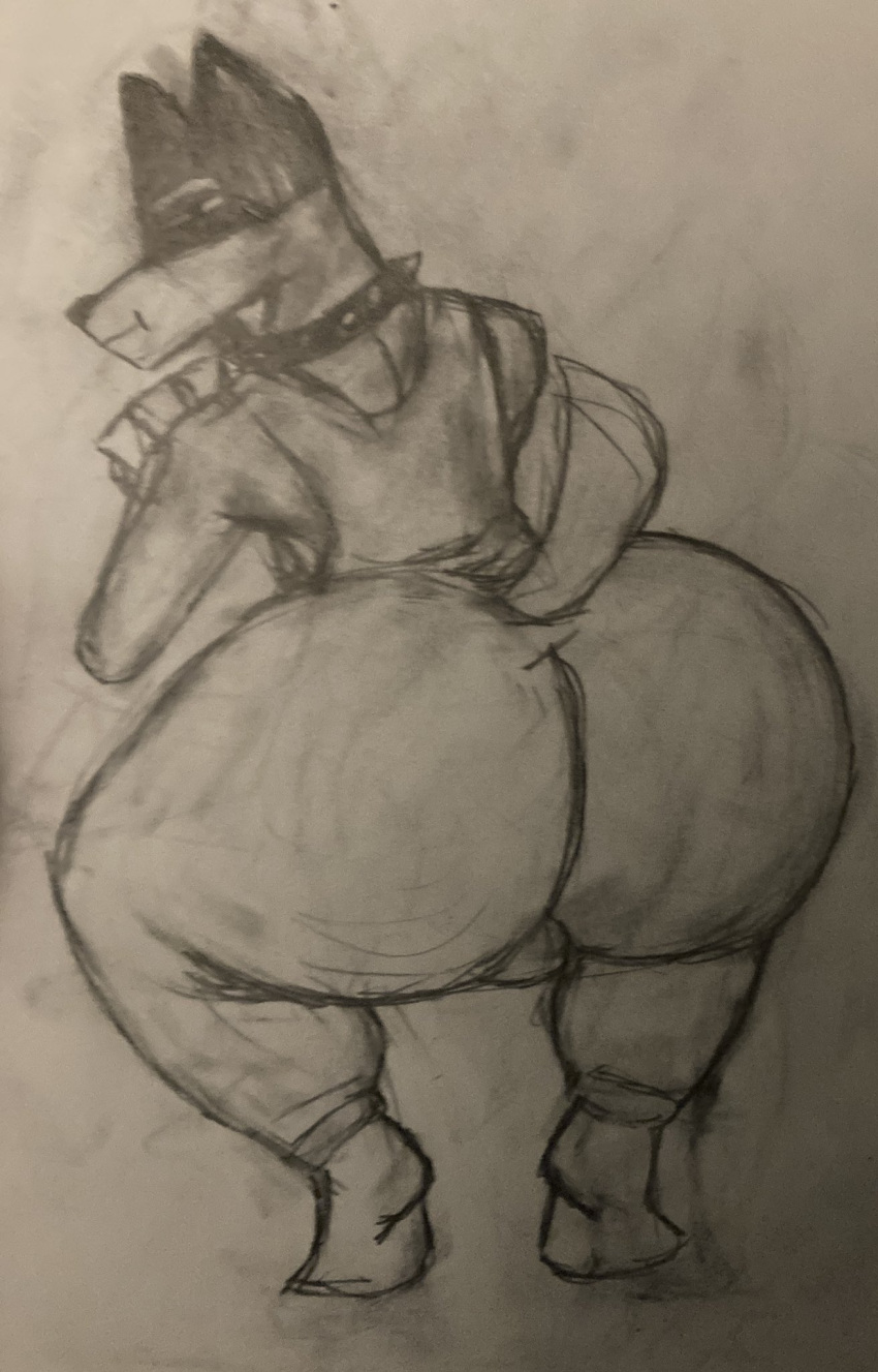 anthro big_butt black_and_white bulge butt canid canine canis card clothed clothing collar doggo_(undertale) domestic_dog fur hi_res huge_butt legwear looking_at_viewer looking_back male mammal monochrome playing_card sbeve_wagon shirt solo tank_top thick_thighs topwear undertale undertale_(series) white_body white_fur wide_hips