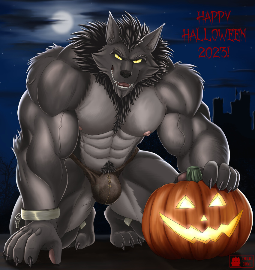 abs absurd_res anthro biceps black_hair black_nose bottomwear bulge canid canine canis claws clothing cuff_(restraint) fangs feet food fruit full_moon fur grey_body grey_fur hair halloween hetaniel hi_res holidays jack-o'-lantern kneeling looking_at_viewer male mammal moon muscular muscular_anthro muscular_male muscular_thighs nipples pecs pink_nipples plant pumpkin restraints shackles sky solo solo_focus teeth toe_claws toes triceps wolf yellow_eyes
