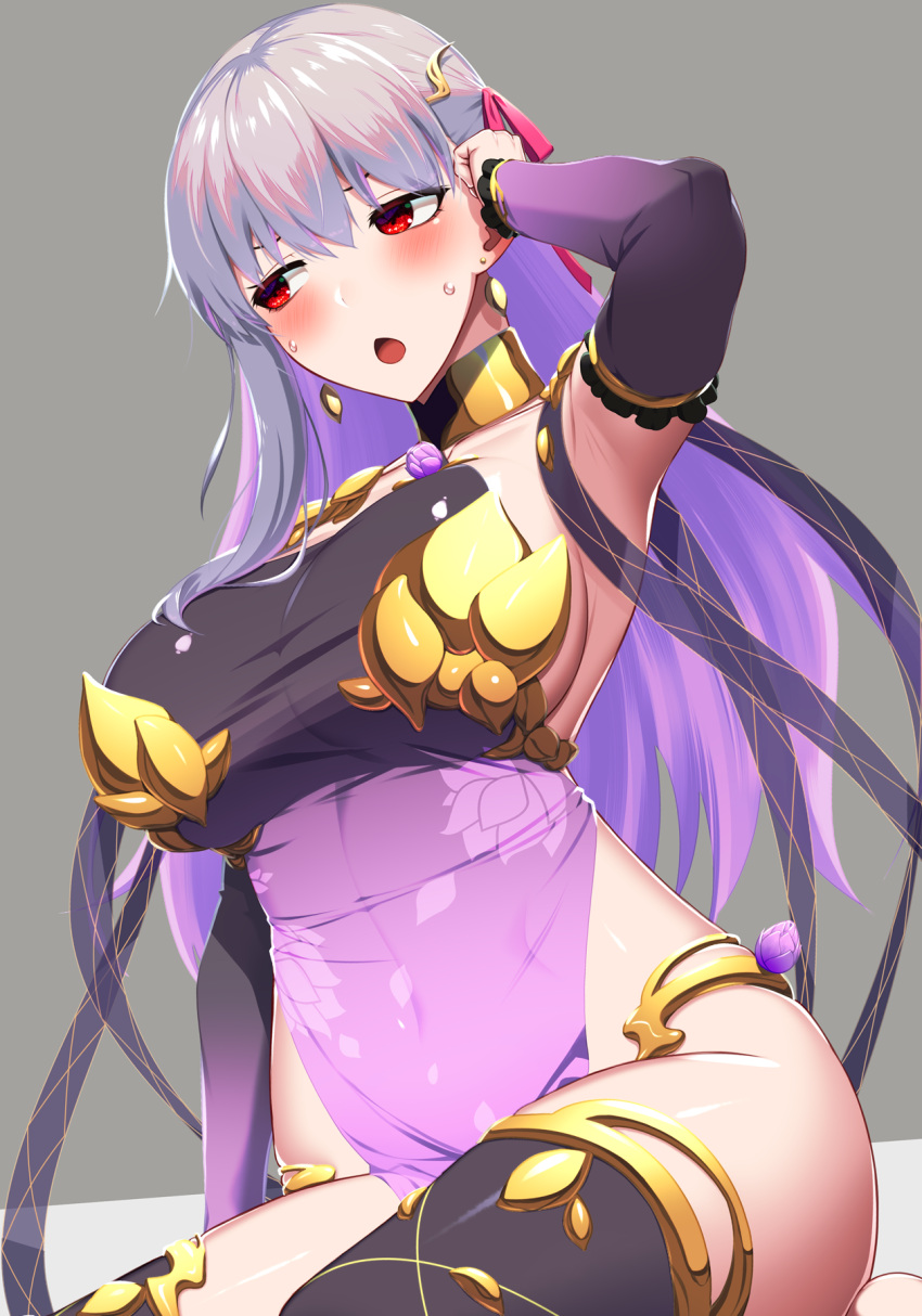 1girl armlet armor bare_shoulders bikini_armor blush bracelet breasts circlet collar detached_sleeves dress earrings fate/grand_order fate_(series) floral_print hair_ribbon highres jewelry kama_(fate) kama_(second_ascension)_(fate) kuroshiro_(ms-2420) large_breasts long_hair looking_to_the_side metal_collar open_mouth pelvic_curtain purple_dress purple_sleeves purple_thighhighs red_eyes ribbon sitting solo thighhighs thighlet thighs white_hair