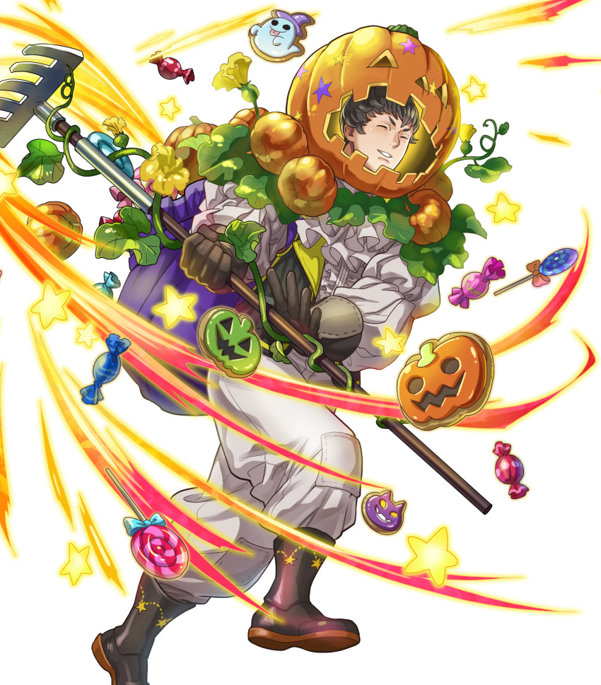 1boy attack black_hair brown_footwear brown_gloves candy closed_eyes fire_emblem fire_emblem_awakening fire_emblem_heroes food gloves helmet highres kellam_(fire_emblem) kellam_(halloween)_(fire_emblem) male_focus non-web_source official_alternate_costume official_art parted_lips pumpkin rake short_hair smile solo teeth