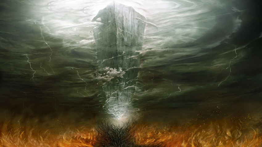 building cloud cloudy_sky commentary demon's_souls eldritch_abomination embers english_commentary fire flame floating highres landscape lightning menaslg monster no_humans sky storm storm_cloud the_nexus the_old_one thunder