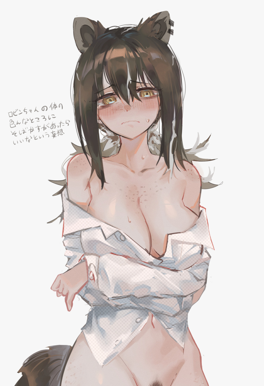 1girl absurdres animal_ears arknights arms_under_breasts bags_under_eyes blush body_freckles breasts brown_eyes brown_hair cleavage closed_mouth collarbone commentary cowboy_shot crossed_arms ear_piercing embarrassed female_pubic_hair freckles frown grey_background hair_between_eyes highres kaguura_(kagu) large_breasts long_hair looking_at_viewer multicolored_hair naked_shirt navel no_panties off_shoulder out-of-frame_censoring piercing pubic_hair pubic_hair_peek raccoon_ears raccoon_girl raccoon_tail robin_(arknights) shirt simple_background solo standing sweat symbol-only_commentary tail two-tone_hair white_hair white_shirt