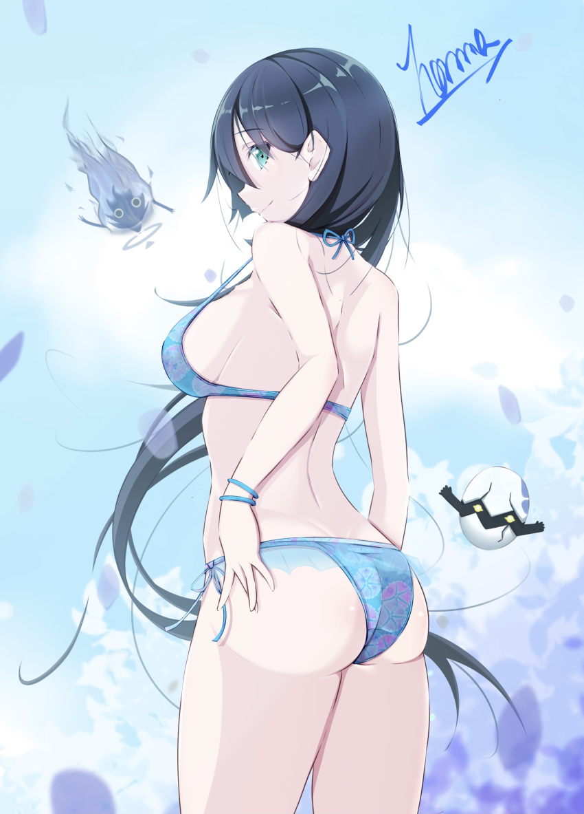 1girl absurdres arms_at_sides ass back bikini black_hair breasts closed_mouth cowboy_shot floral_print from_behind green_eyes hair_over_shoulder halterneck highres honma_(honmatomohiro) looking_at_viewer looking_back medium_breasts medium_hair petals shoulder_blades side-tie_bikini_bottom sideboob signature sky smile strap_gap swimsuit tougou_mimori yuuki_yuuna_wa_yuusha_de_aru yuuki_yuuna_wa_yuusha_de_aru:_hanayui_no_kirameki yuusha_de_aru