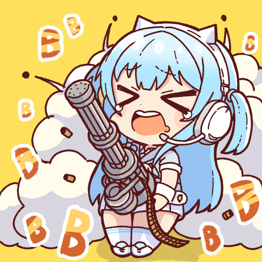 &gt;_&lt; 1girl ammunition_belt animal_ear_headphones animal_ears ayanami_barrage_(meme) blue_hair chibi collared_dress dress fake_animal_ears gatling_gun goddess_of_victory:_nikke gun headphones headset holding holding_gun holding_weapon long_hair meme minigun open_mouth q_l_p_hatodokei shell_casing shifty_(nikke) short_sidetail short_sleeves smoke socks solo sound_effects tearing_up teeth upper_teeth_only weapon white_footwear white_socks wrist_cuffs