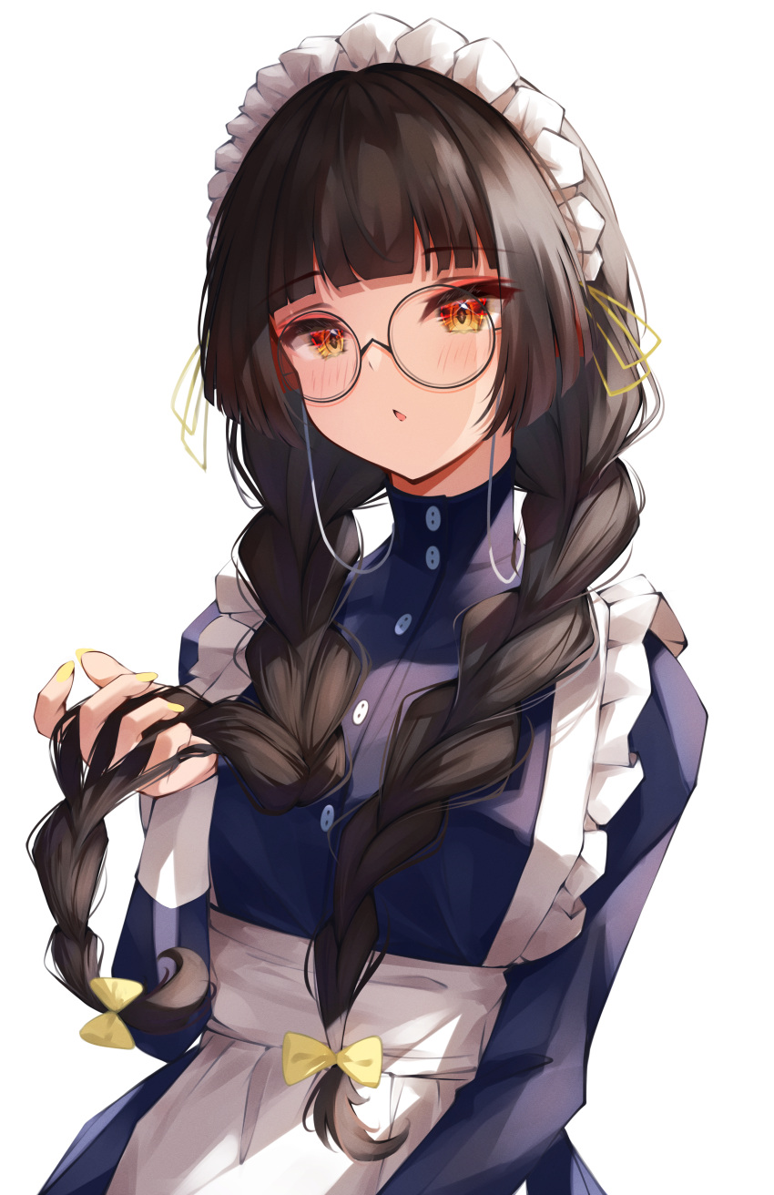 1girl absurdres apron black_hair blue_dress blunt_bangs blush braid commentary_request dress facing_viewer glasses hand_up highres long_hair looking_ahead maid_apron maid_headdress nagori0127 open_mouth original round_eyewear simple_background solo twin_braids twintails upper_body white_apron white_background yellow_eyes yellow_nails