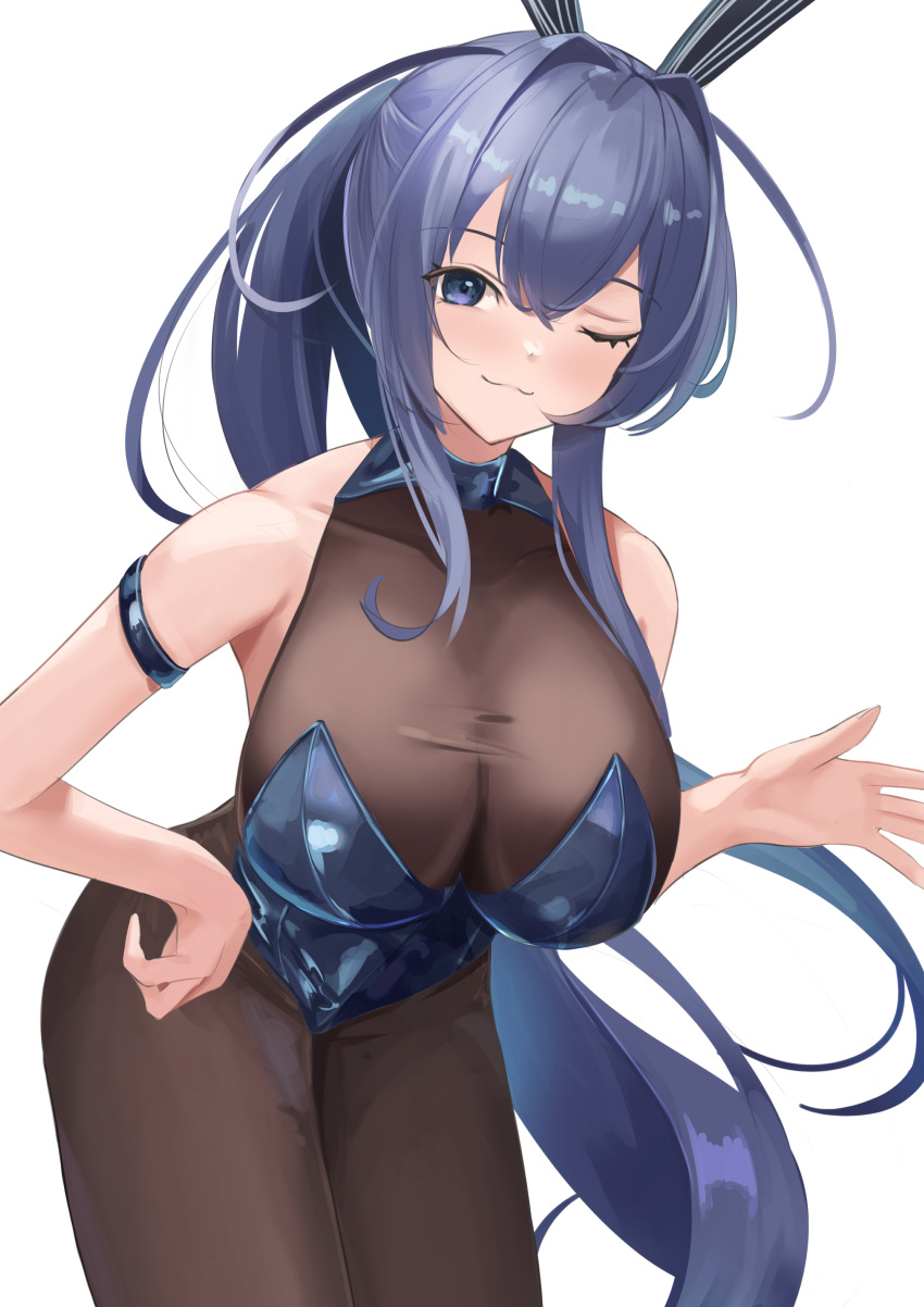 1girl absurdres animal_ears arm_strap azur_lane black_leotard blue_eyes blue_hair blue_leotard bodystocking breasts closed_mouth fake_animal_ears highres large_breasts leotard long_hair looking_at_viewer new_jersey_(azur_lane) new_jersey_(exhilarating_steps!)_(azur_lane) official_alternate_costume one_eye_closed playboy_bunny rabbit_ears remapack77 see-through_cleavage simple_background smile solo strapless strapless_leotard very_long_hair white_background