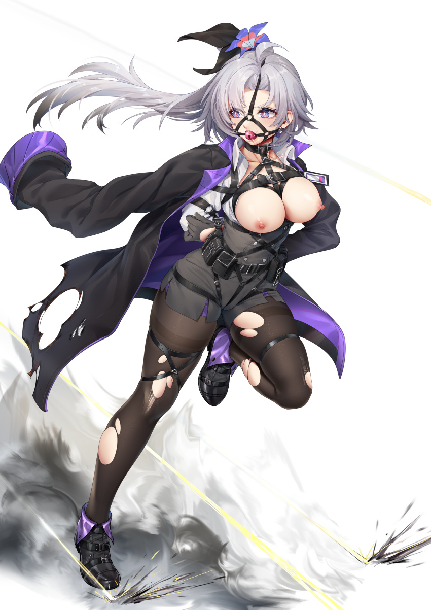 1girl absurdres ahoge apc9k_(girls'_frontline) ball_gag bdsm black_pantyhose bondage bound breasts breasts_out cleavage commission flower full_body gag girls'_frontline grey_hair hair_flower hair_ornament harness highres jacket jacket_on_shoulders long_hair nipples pantyhose ray_(pixiv9514208) restrained running second-party_source smoke solo thighband_pantyhose torn_clothes torn_jacket torn_pantyhose