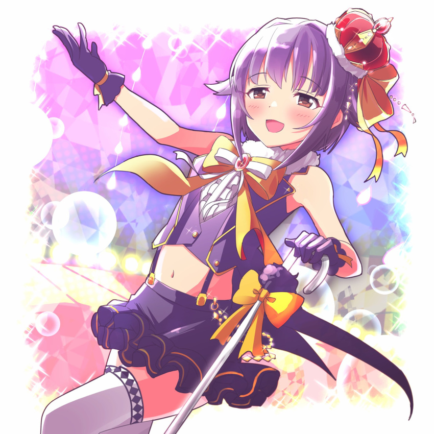 1girl arm_up bare_shoulders blush border bow bowtie breasts brown_eyes cowboy_shot crown dot_nose dutch_angle gloves grey_hair hair_flaps hand_up highres holding holding_staff idolmaster idolmaster_cinderella_girls idolmaster_cinderella_girls_starlight_stage koshimizu_sachiko lens_flare lens_flare_abuse looking_at_viewer midriff miniskirt multicolored_background nanananananasea navel open_mouth outside_border purple_gloves purple_hair purple_shirt shirt short_hair skirt sleeveless sleeveless_shirt small_breasts smile solo sparkle staff standing suspender_skirt suspenders thighhighs white_border white_thighhighs yellow_bow yellow_bowtie zettai_ryouiki