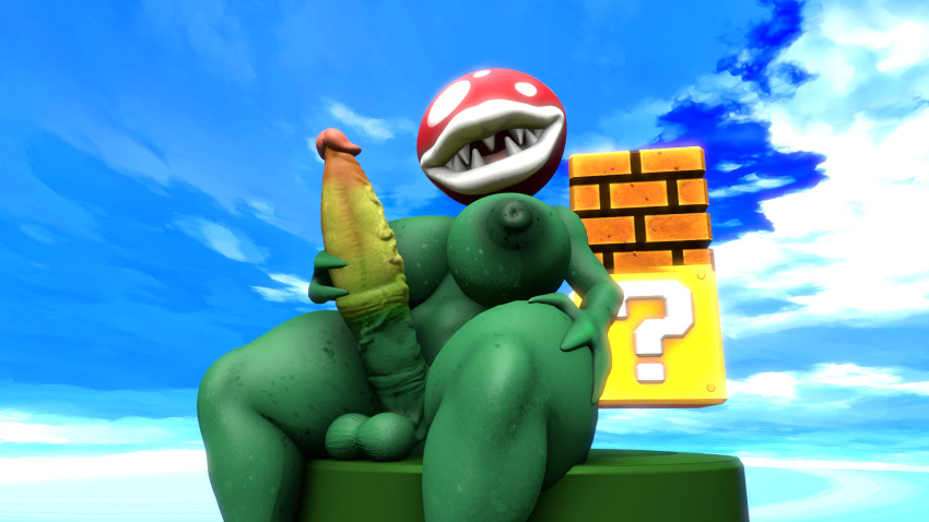 3d_(artwork) balls big_breasts big_penis breasts digital_media_(artwork) elemental_creature flora_fauna genitals hi_res humanoid intersex looking_at_viewer mario_bros nintendo nipples non-mammal_balls non-mammal_nipples penis piranha_plant plant skippyarts solo source_filmmaker vein veiny_penis