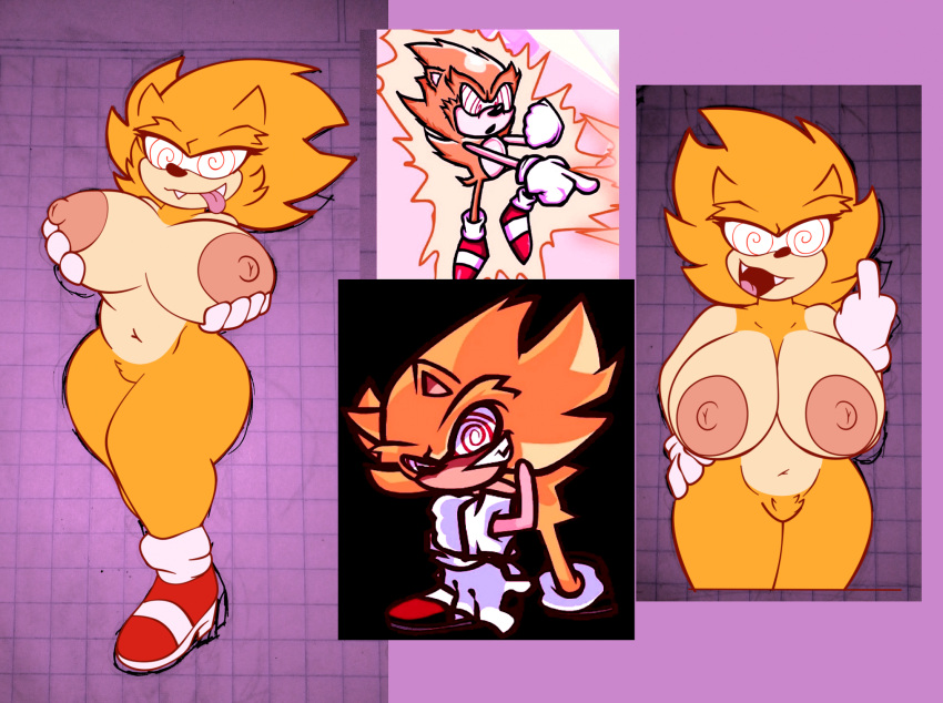 anthro areola big_areola big_breasts breasts clothing crossgender donnitro72 eulipotyphlan fangs featureless_crotch female fleetway_sonic_(character) footwear friday_night_funkin' gesture hedgehog hi_res holding_breast male mammal middle_finger navel reference_image shoes smile sneakers solo spiral_eyes teeth tongue tongue_out wide_hips
