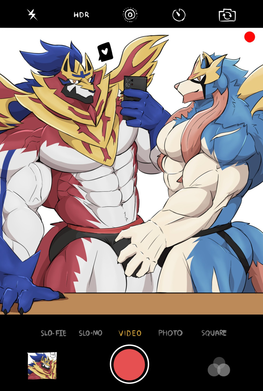 &lt;3 abs anatake anthro anthrofied biceps big_muscles blue_body bulge bulge_grab butt camera_view canid canine canis clothing crowned_shield_zamazenta crowned_sword_zacian duo fur generation_8_pokemon hair hi_res humanoid legendary_pokemon looking_at_viewer male male/male mammal muscular muscular_anthro muscular_male nintendo pecs pokemon pokemon_(species) recording red_body simple_background smile underwear vein veiny_muscles wolf zacian zamazenta