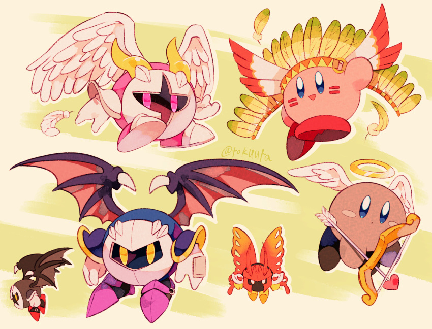 :d angel_kirby angel_wings armor armored_boots arrow_(projectile) blue_eyes blush blush_stickers boots bow_(weapon) butterfly_wings closed_mouth commentary_request copy_ability dark_meta_knight facepaint falling_feathers feathered_wings feathers flying galacta_knight gloves halo headdress heart heart_arrow highres holding holding_arrow holding_bow_(weapon) holding_weapon horns kirby kirby_(series) looking_at_viewer mask meta_knight morpho_knight native_american_headdress no_humans open_mouth pink_eyes purple_footwear purple_wings red_wings shadow_kirby shoulder_armor smile tokuura weapon white_gloves white_wings wing_kirby wings yellow_eyes yellow_footwear yellow_horns