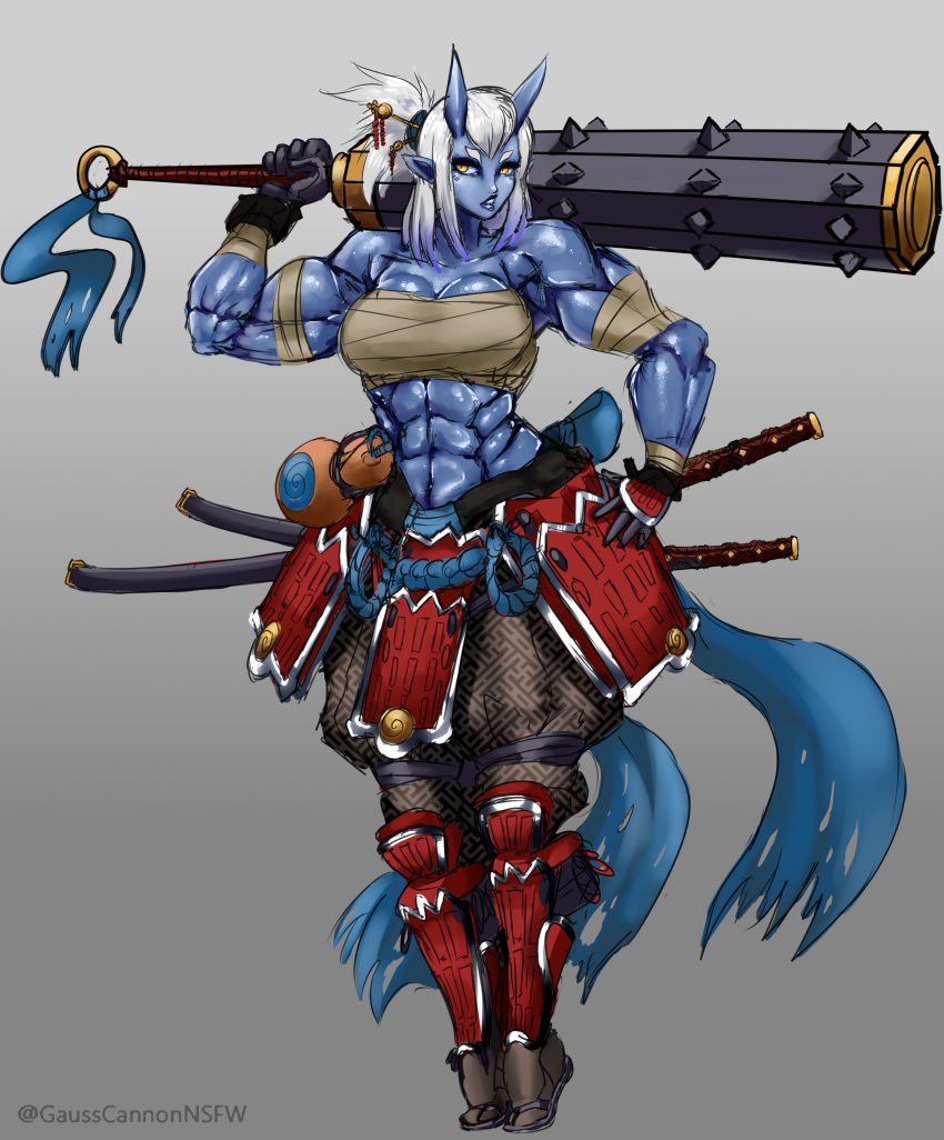 2020 5_fingers abs absurd_res asian_mythology blue_body blue_skin breasts demon east_asian_mythology female fingers gausscannon hair hi_res horn japanese_mythology muscular muscular_female mythology oni solo standing white_hair yellow_eyes yokai