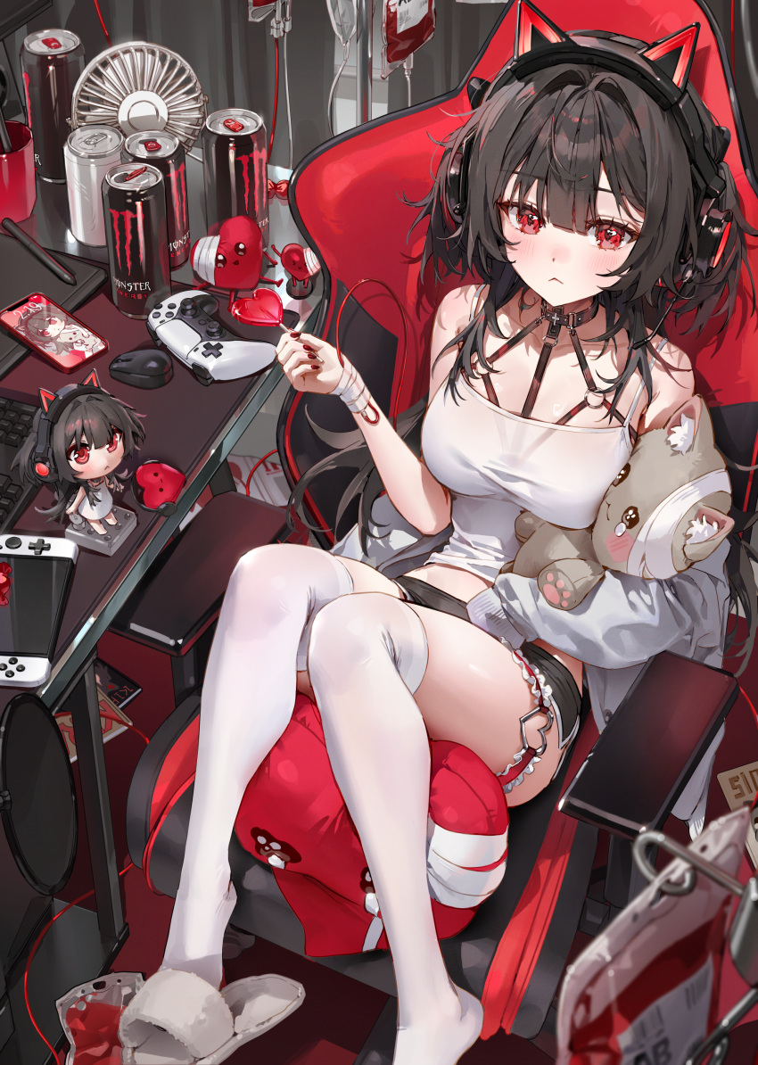 1girl :&lt; absurdres animal_ear_headphones animal_ears bandaged_arm bandages black_hair black_shorts blood blood_bag book bridal_garter camisole can candy cat_ear_headphones cellphone chair character_doll chest_harness choker closed_mouth commentary controller cup drawing_tablet electric_fan fake_animal_ears food full_body game_controller gaming_chair hair_intakes harness headphones headset heart highres holding holding_candy holding_food holding_lollipop holding_stuffed_toy intravenous_drip iv_stand keyboard_(computer) lollipop long_hair looking_at_viewer monster_energy mouse_(computer) nintendo_switch original phone red_eyes red_nails shoe_dangle shorts sitting slippers smartphone solo stuffed_animal stuffed_cat stuffed_toy swivel_chair thighhighs white_camisole white_thighhighs ye_jji