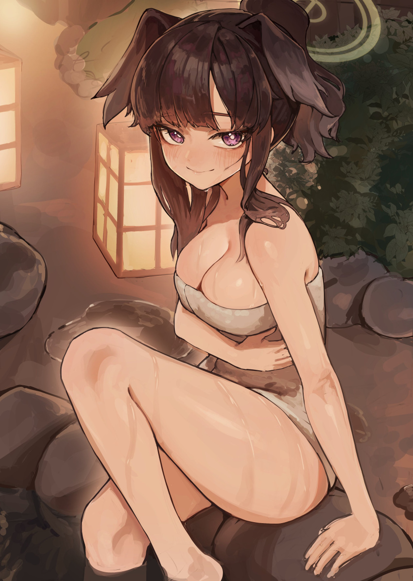 1girl absurdres apopo arm_across_waist arm_support blue_archive blush breasts brown_hair cleavage halo head_wings hibiki_(blue_archive) highres lantern long_hair looking_at_viewer naked_towel onsen outdoors purple_eyes rock smile solo thighs towel wet wings