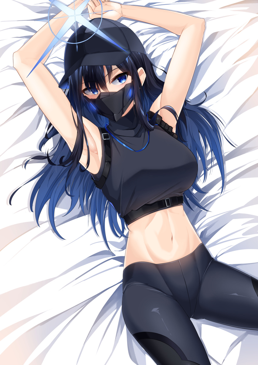 1girl absurdres armpits arms_up bare_arms bare_shoulders baseball_cap bed_sheet black_headwear black_pants black_shirt blue_archive blue_eyes blue_hair breasts commentary_request cowboy_shot crop_top hair_between_eyes hat highres kipdrew large_breasts leggings long_hair looking_at_viewer lying mask midriff mouth_mask navel on_back pants saori_(blue_archive) shirt sleeveless sleeveless_shirt solo stomach thighs